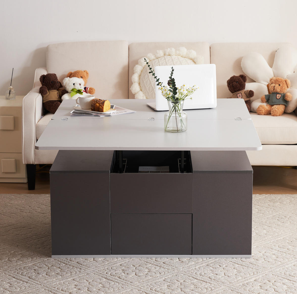 KONFERENČNÍ stolek 100/51/47 cm šedý z dřevotřísky s výškově nastavitelnou deskou a úložným prostorem - šedá, kompozitní dřevo (100/51/47cm) - OKWISH