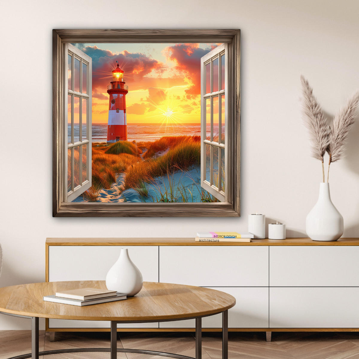 LEINWANDBILD Aussicht - Fenster - Leuchtturm - Sonnenuntergang - Strand 90x90 cm - Dunkelorange, Textil (90/90cm) - MuchoWow