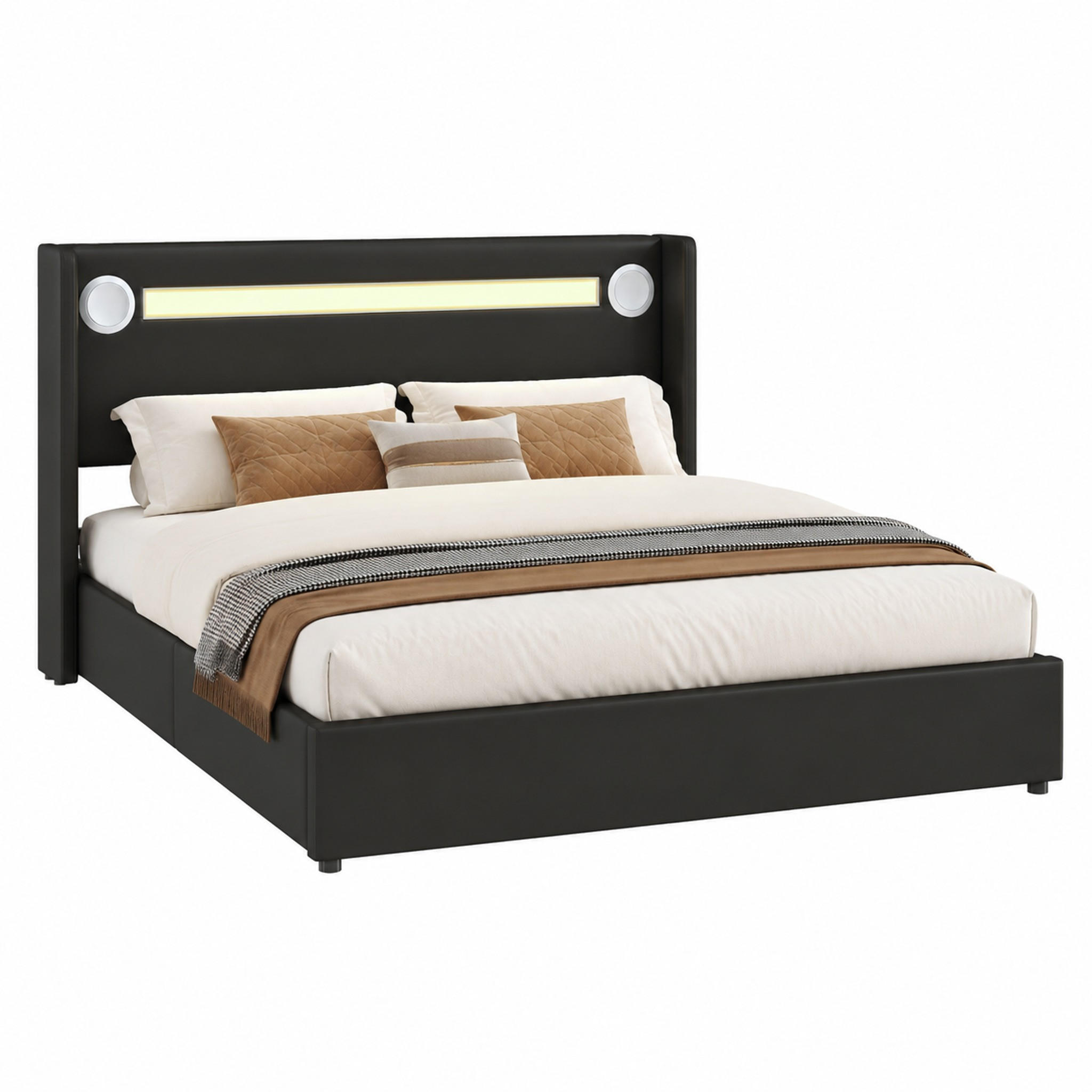 POLSTERBETT mit Stauraum 160x200 cm PU-Leder Schwarz mit LED Bluetooth/USB - Schwarz, Metall (160/200cm) - Meubliv