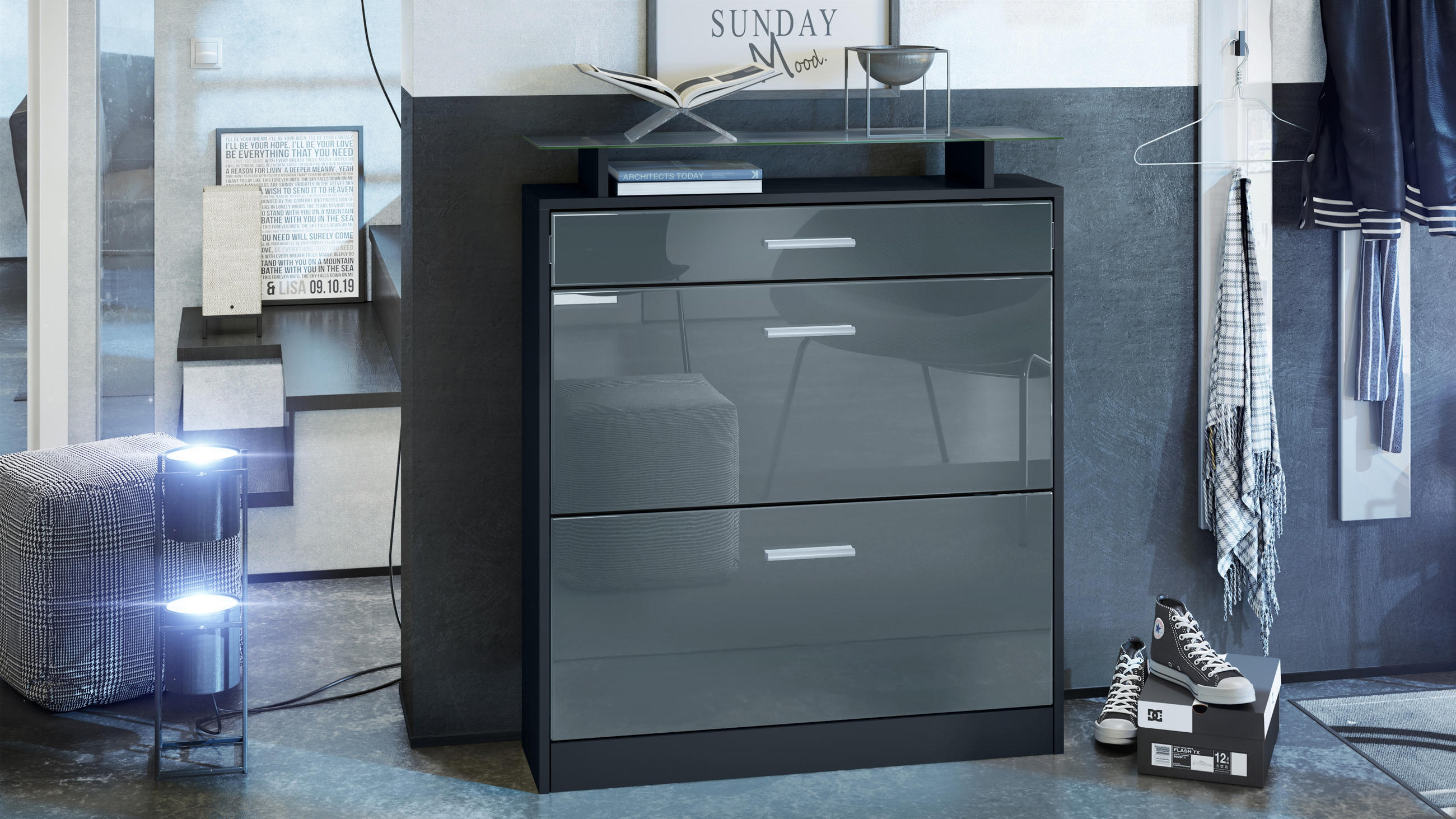 SCHUHSCHRANK Loret Front in Grau Hochglanz - Grau, Holzwerkstoff (89/104/23cm) - Vladon