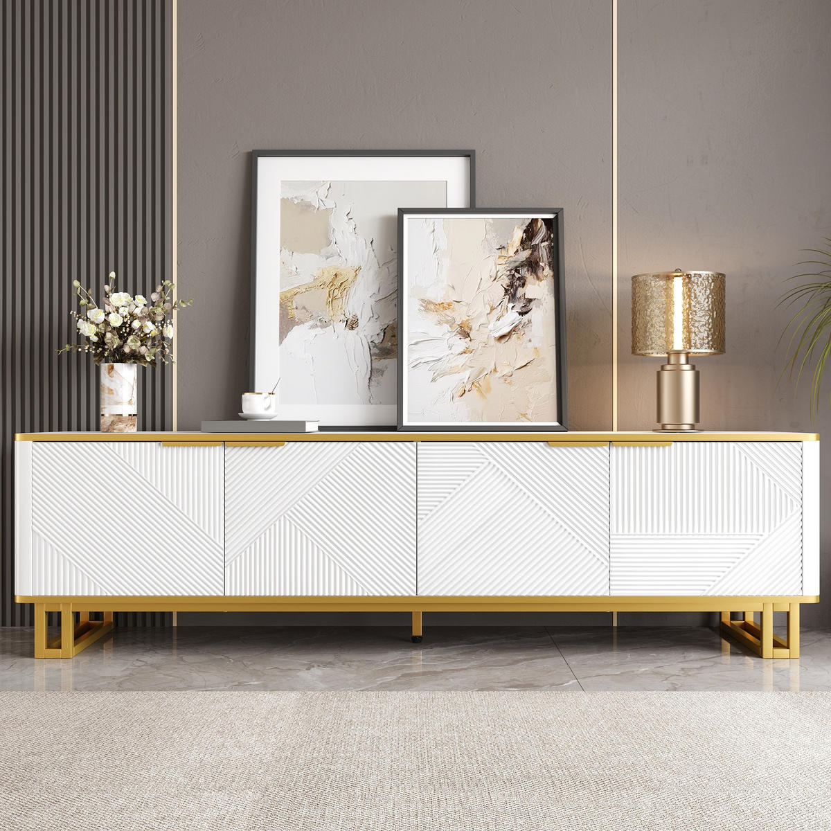 TV-ELEMENT160X37,5X48CM WeißGold mit geometrischem Design und 4 Türen - Weiß, Holz (45.09/14.61/175.26cm) - Raelunyi