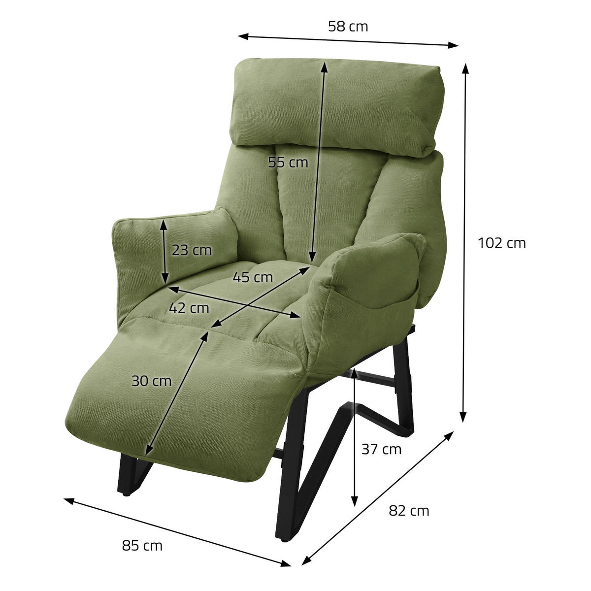 RELAXSESSEL Grün Leinenbezug verstellbar mit Armlehnen und Fußablage - Schwarz/Grün, Textil/Metall (85/102/82cm) - ML-DESIGN