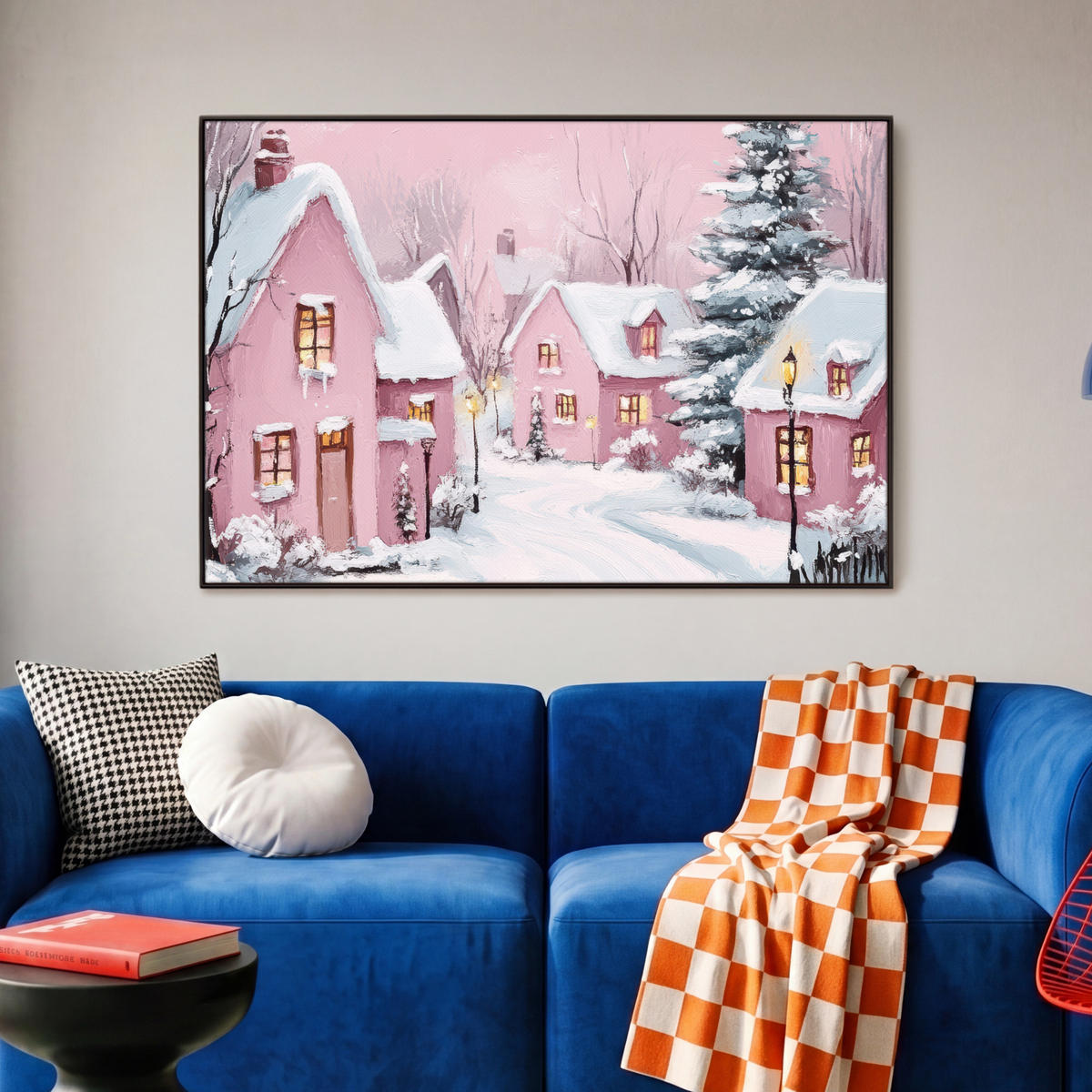 LEINWAND Bilder mit Rahmen - Weihnachtsdorf - Rosa - Winter - Schnee - Häuser - 90x60 - Altrosa, Textil (90/60cm) - MuchoWow