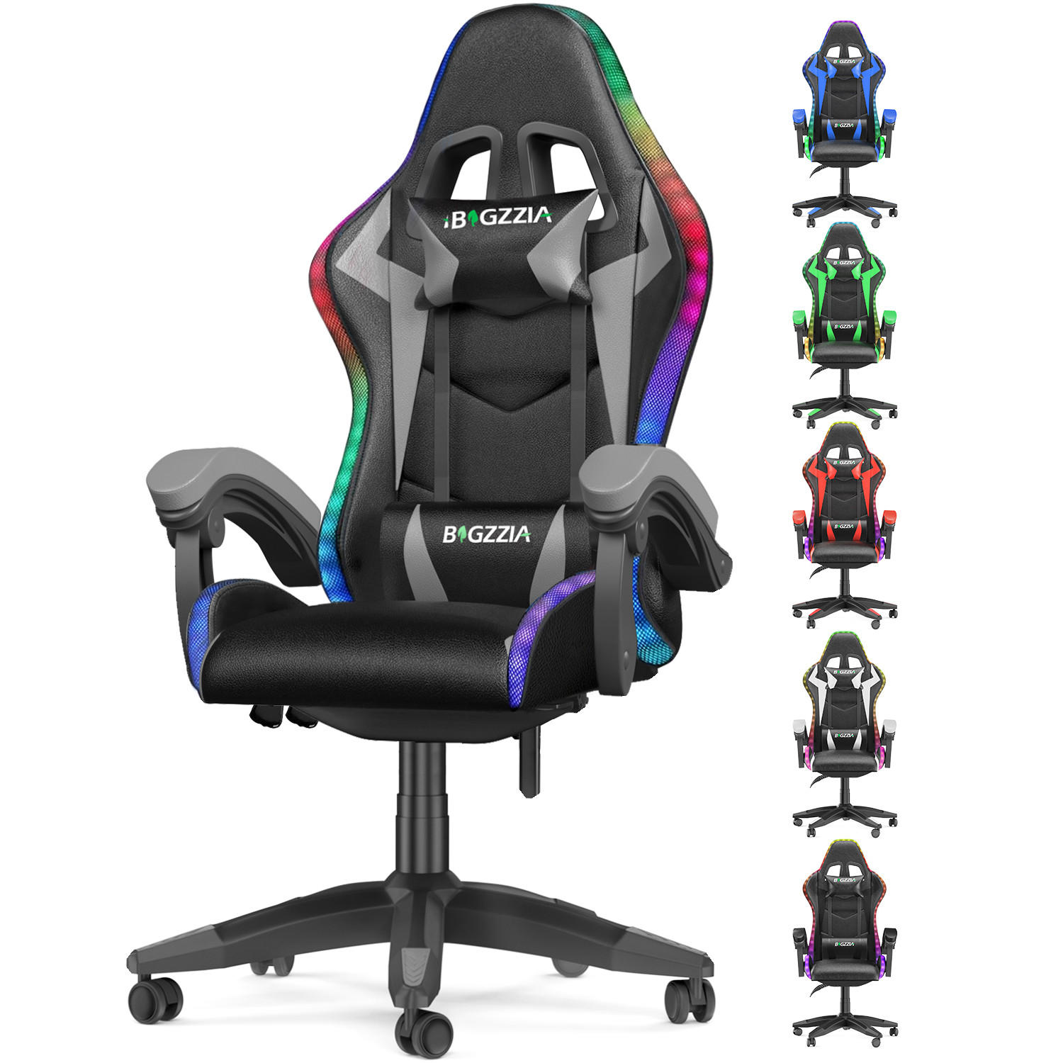 GAMINGSTUHL Schwarz-Grau Racing Ergonomisch mit LED-Licht - Grau, Leder (29/59/79cm) - Rattrix