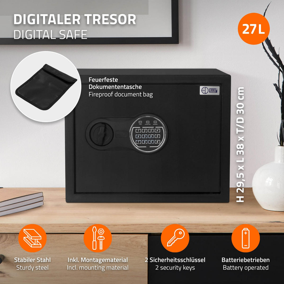 TRESOR 27L - Schwarz, Metall (30/29.5/38cm) - ECD-Germany