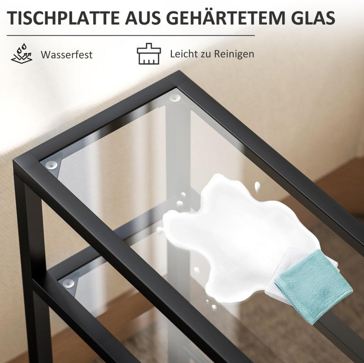 BEISTELLTISCH aus Glas 18x40x62 cm Schwarz mit 3 Ebenen, platzsparendem Design und verstellbaren Querstangen - Schwarz, Glas (40/18/62cm) - Modfu