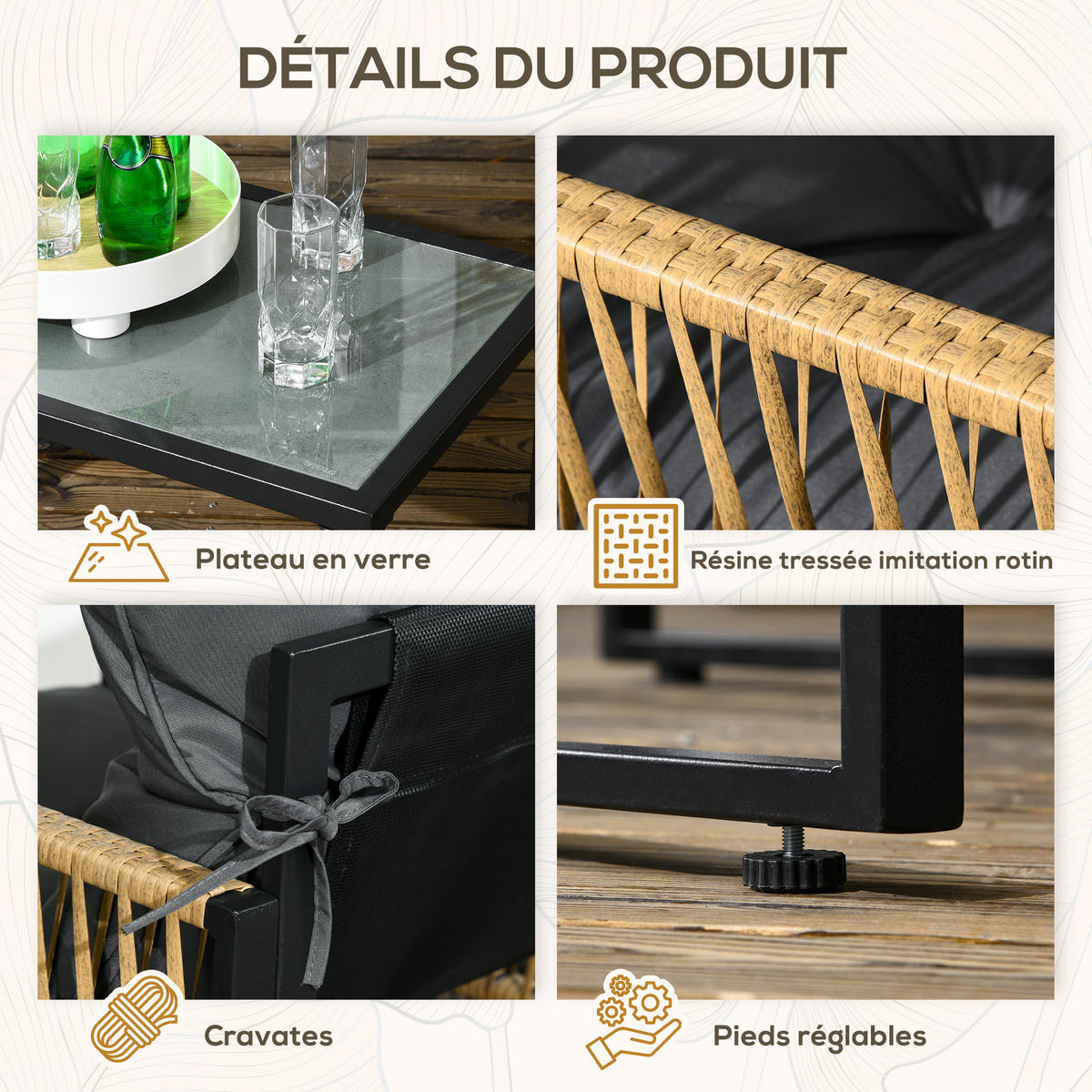GARTENSET DE-13591 4-teilig mit Glastisch, 3 Kissen Grau - Grau, Metall - ComfortXL