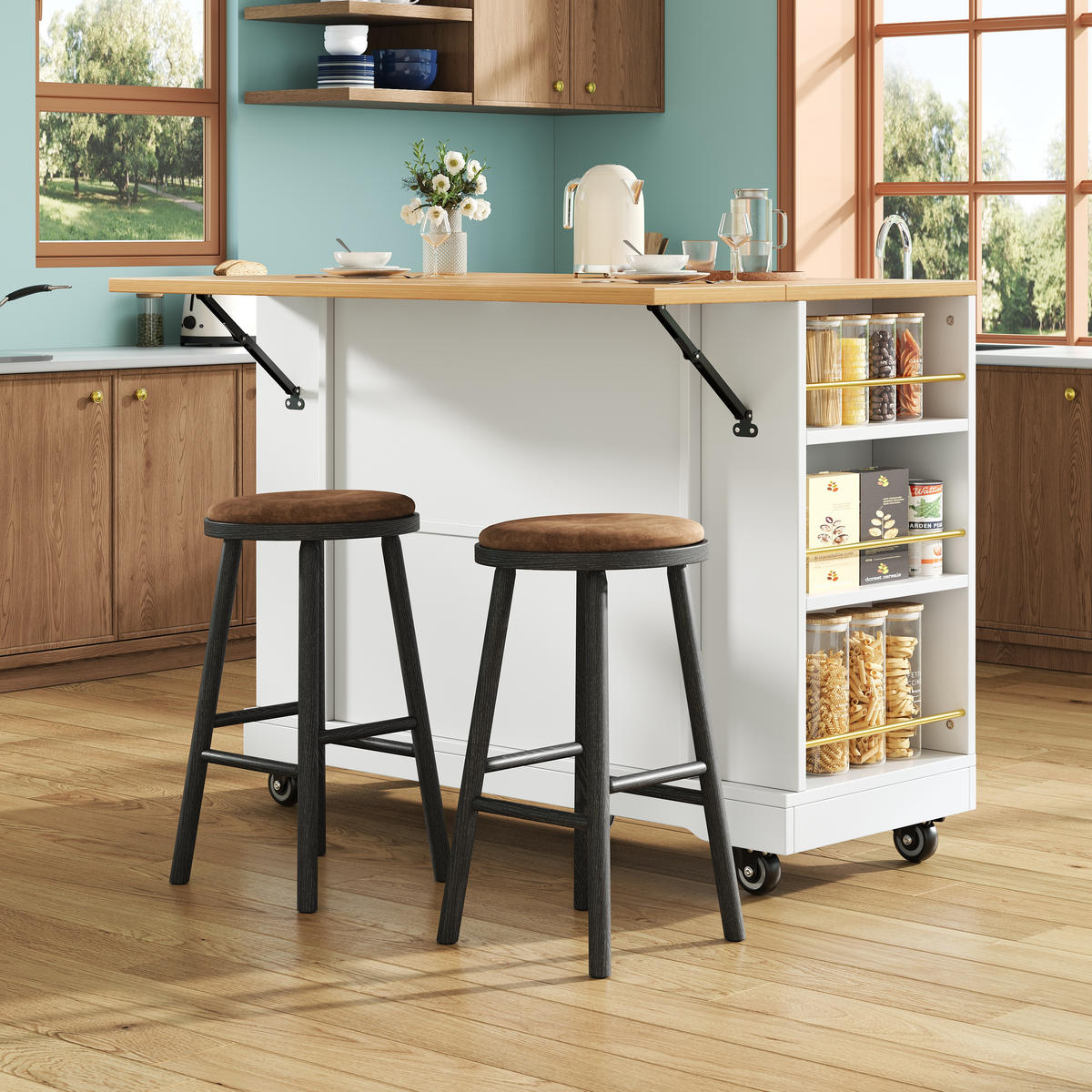 KÜCHENINSEL faltbar 120x65x90cm Weiß mit 3D Türen & 2 Schubladen - Weiß, Holzwerkstoff (120/90/65cm) - Modfu