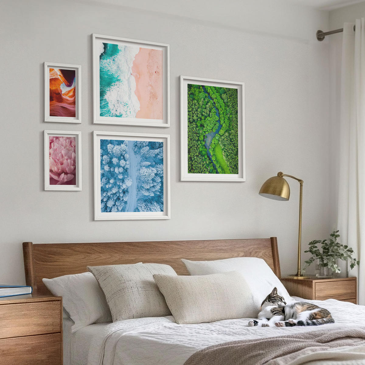 BILDER SET 5er Set - 50x50 cm & 20x30 cm & 40x60 cm Weißer Rahmen - Pferde, Bewegung, Strand, Leuchtturm, Berge - Weiß, Kunststoff (40/60cm) - TULUP