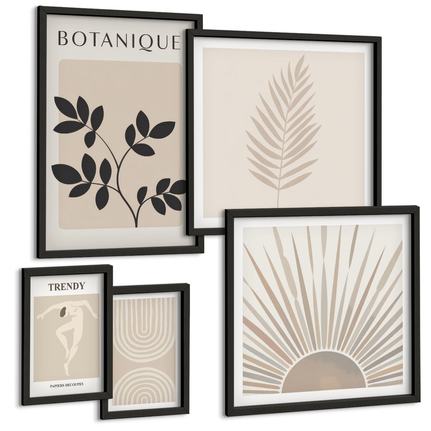 BILDER SET 5er Set - 50x50 cm & 20x30 cm & 40x60 cm Schwarzer Rahmen - Abstrakte Poster im Boho-Stil in Pastellfarben - Schwarz, Kunststoff (40/60cm) - TULUP