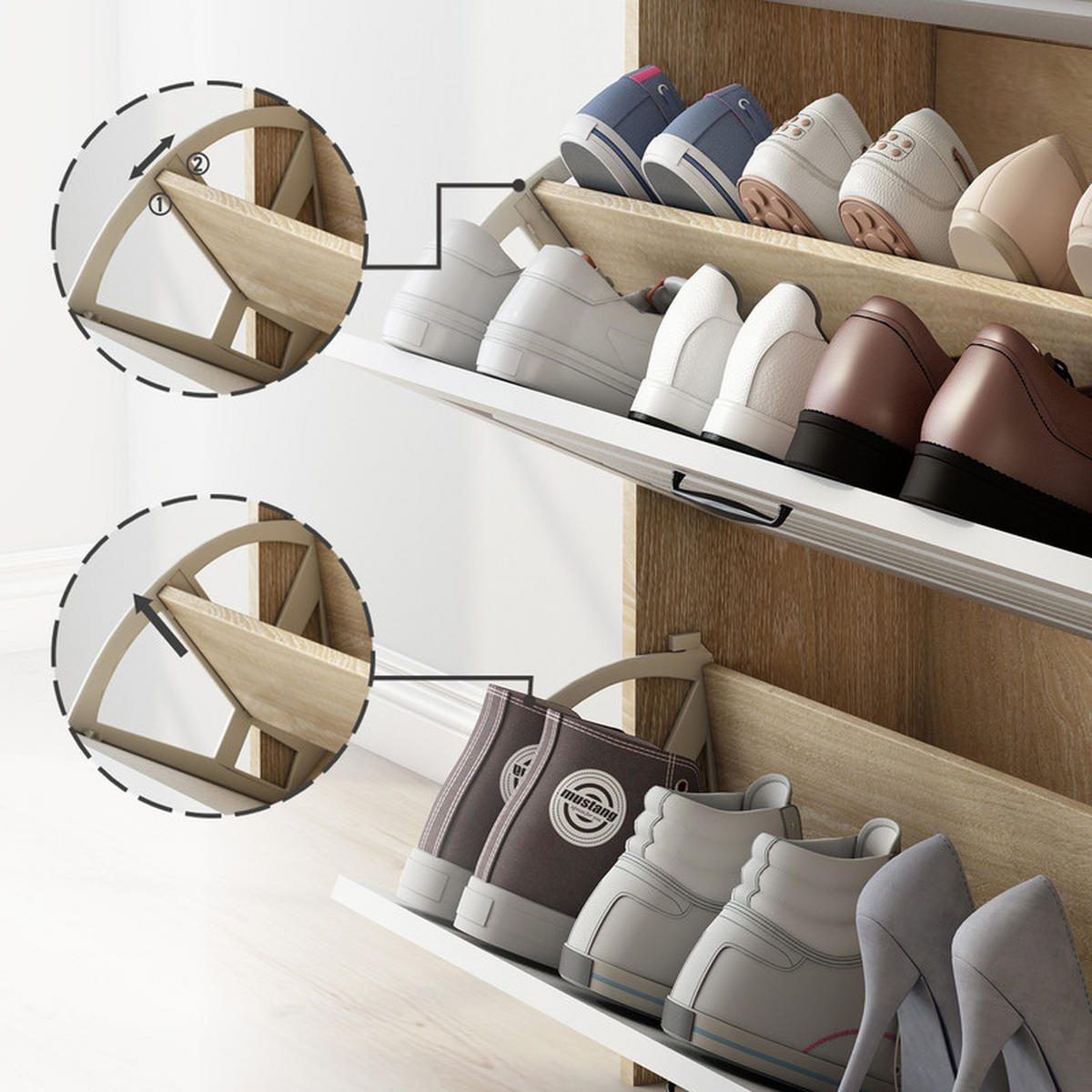 DREHBARES SCHUHSCHRANK 3 Klapptüren 2 Schubladen - Weiß, Holzwerkstoff (23.5/131/80cm) - Bomclap