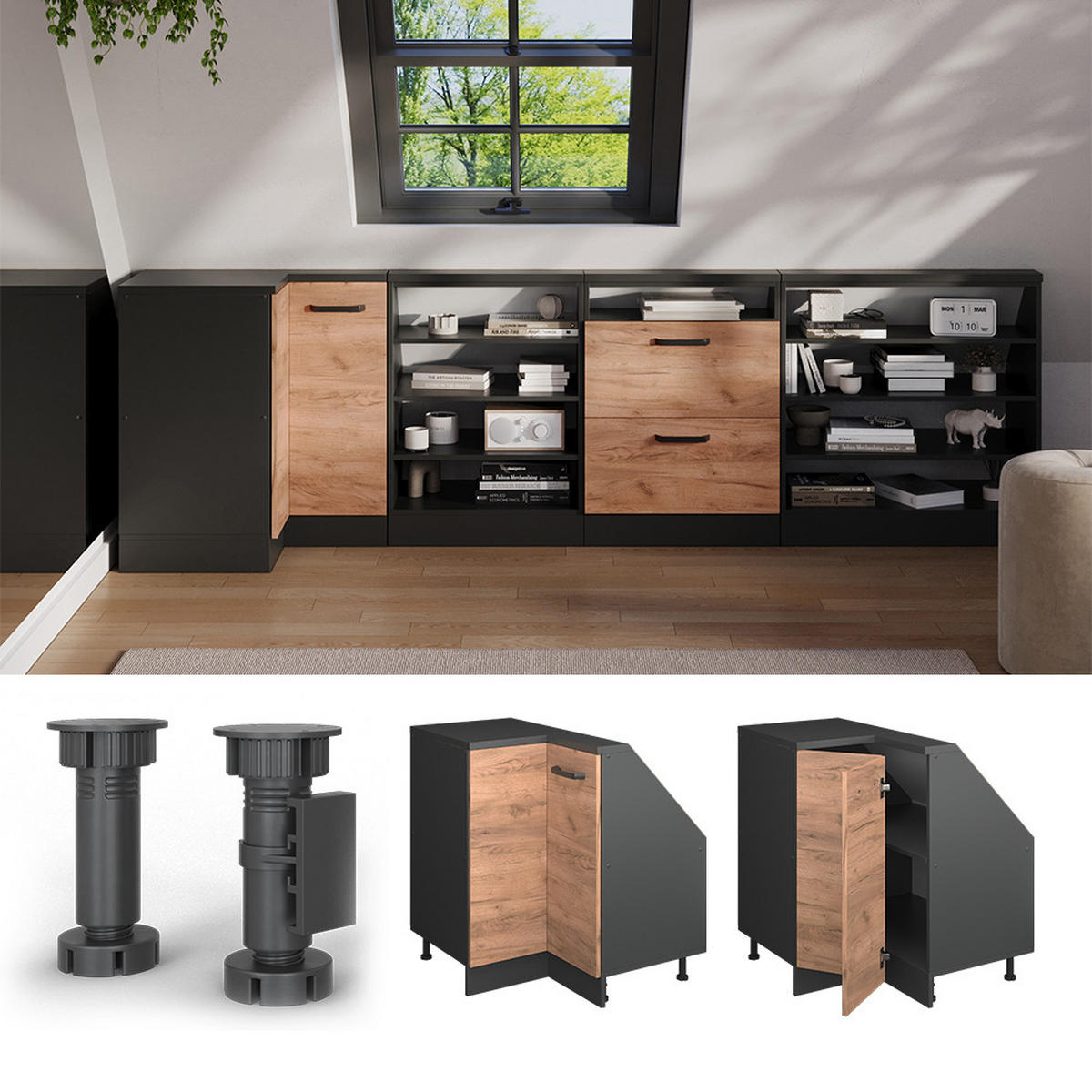 DACHSCHRÄGENSCHRANK ECKSCHRANK Rion Goldkraft Eiche/Anthrazit 75.6 x 81.6 cm mit 1 Tür - Honigeiche/Anthrazit, Holzwerkstoff (75.6/81.6/75.6cm) - Vicco