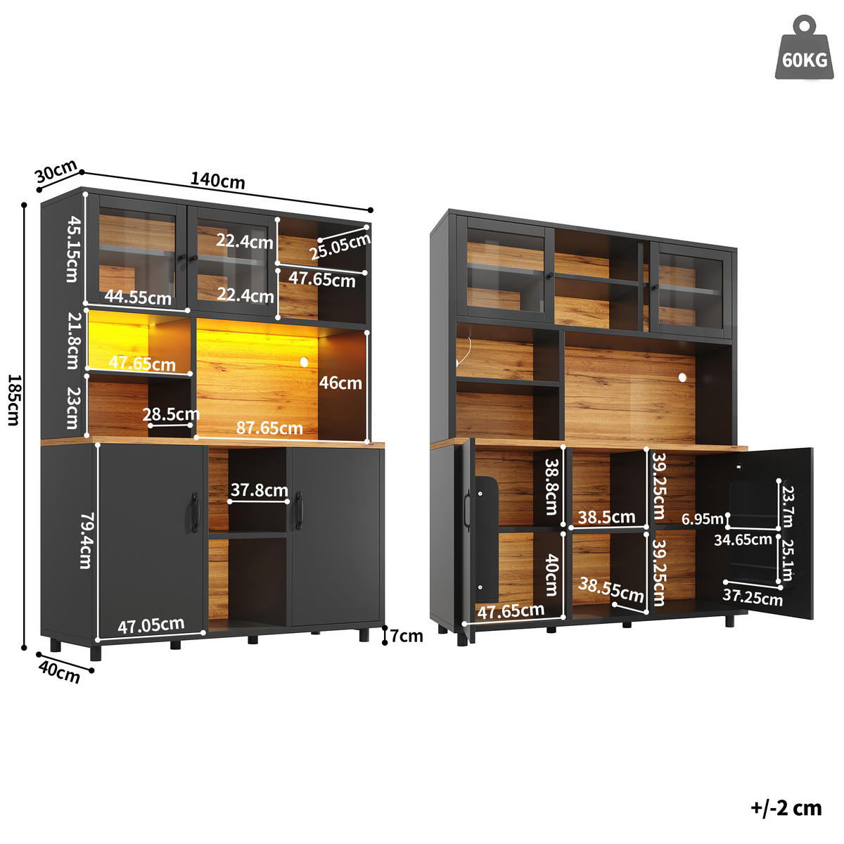 KÜCHENSCHRANK in Schwarz Highboard mit LED-Beleuchtung, App-Steuerung und verstellbaren Regalen, B120/T40/H185cm - Schwarz, Holzwerkstoff/Metall (120/185/40cm) - STILVORA