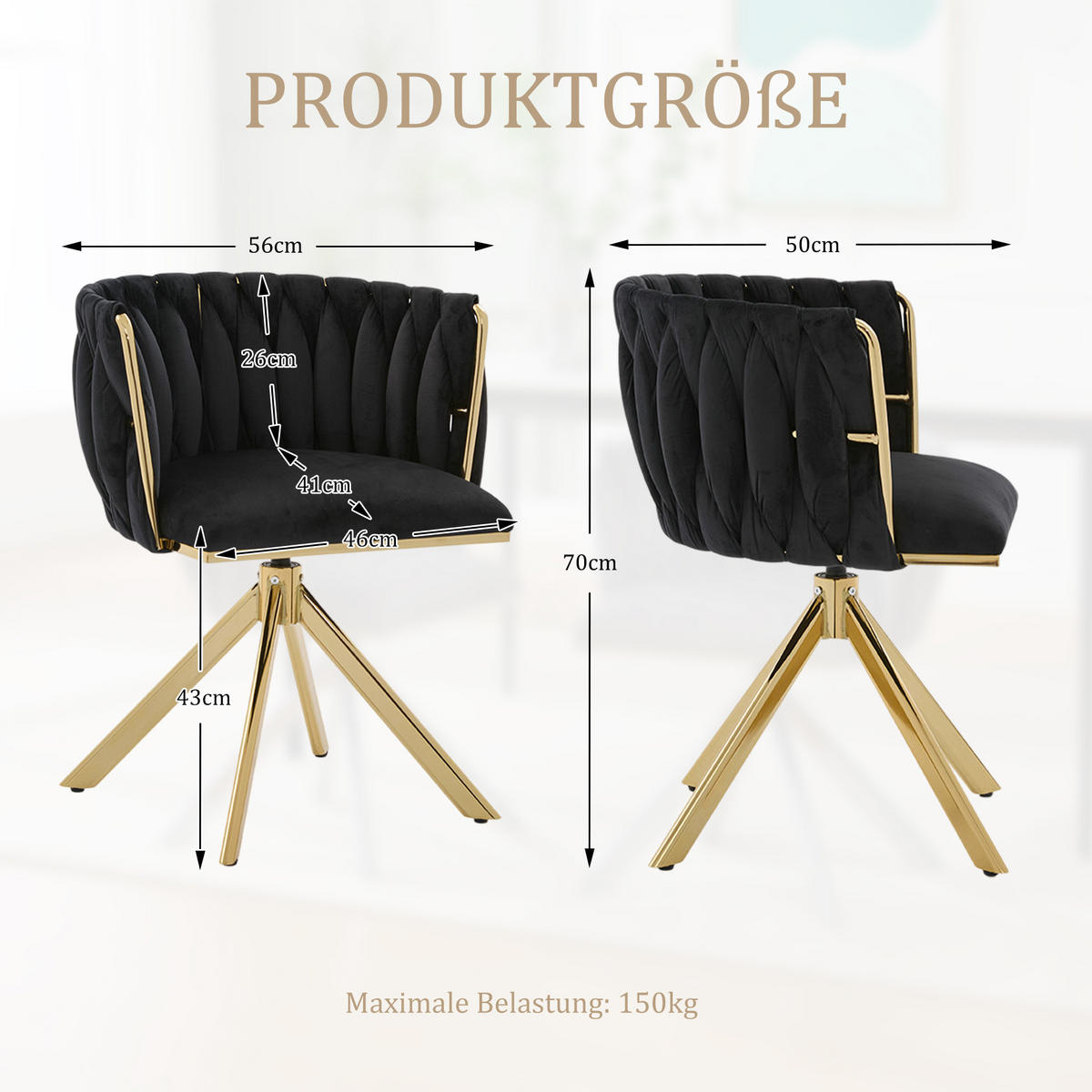 ARMLEHNSTUHL(SET à 2 Stück) mit Metallgestell - ergonomische Rückenlehne und 180° Schwenkfunktion - Schwarz - Schwarz, Textil/Metall (50/70/56cm) - KOMHTOM