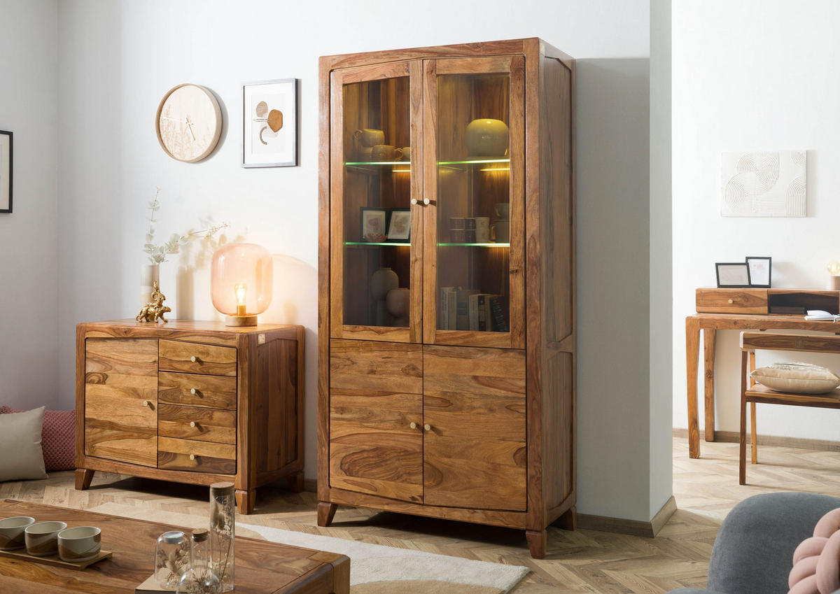VITRINE Sheesham 100x45x200 braun lackiert ANCONA #135 - Braun, Holz (100/200/45cm) - Massivmoebel24