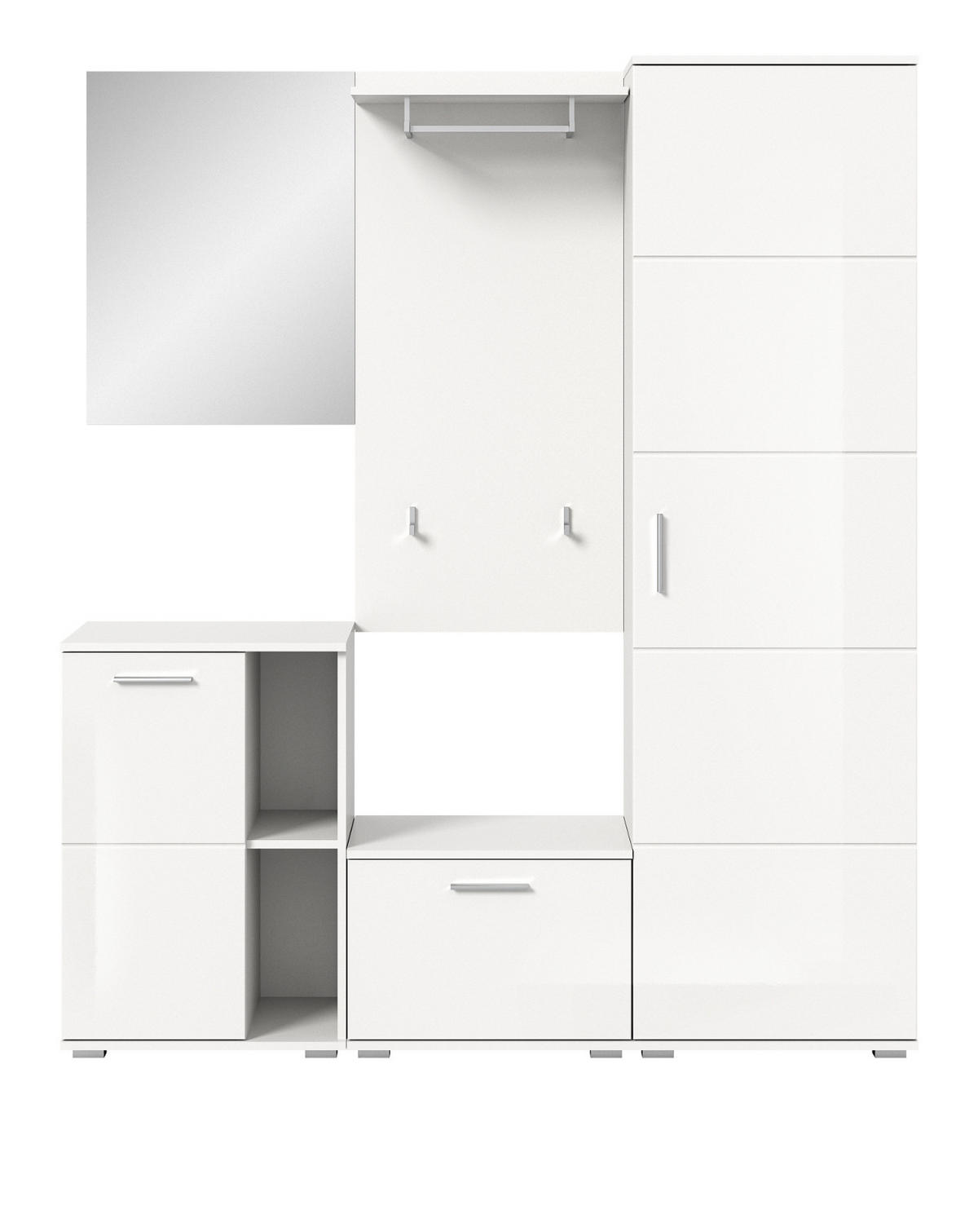 GARDEROBE SET 5-teilig weiß Hochglanz 165 cm, Kombination mit viel Stauraum - Weiß Hochglanz/Silberfarben, Glas/Holzwerkstoff (165/191/37cm) - Inn.Furn