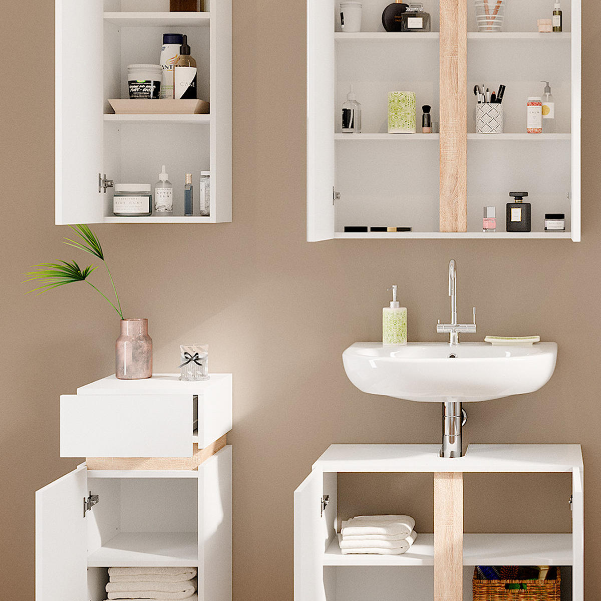 BADMÖBEL-SET Gloria Weiß 4 Teile - Weiß/Sonoma Eiche, Holzwerkstoff (70/55/34cm) - Vicco