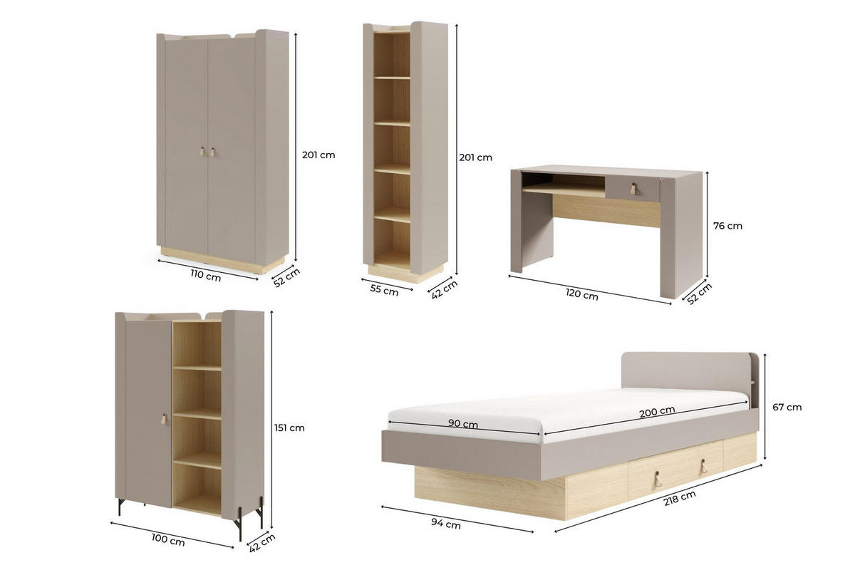 JUGENDZIMMER SOVI B 6-teilig in Porcini / Eiche Mavelie - Greige/Eichefarben, Holzwerkstoff (479/201/218cm) - Deine Möbel 24