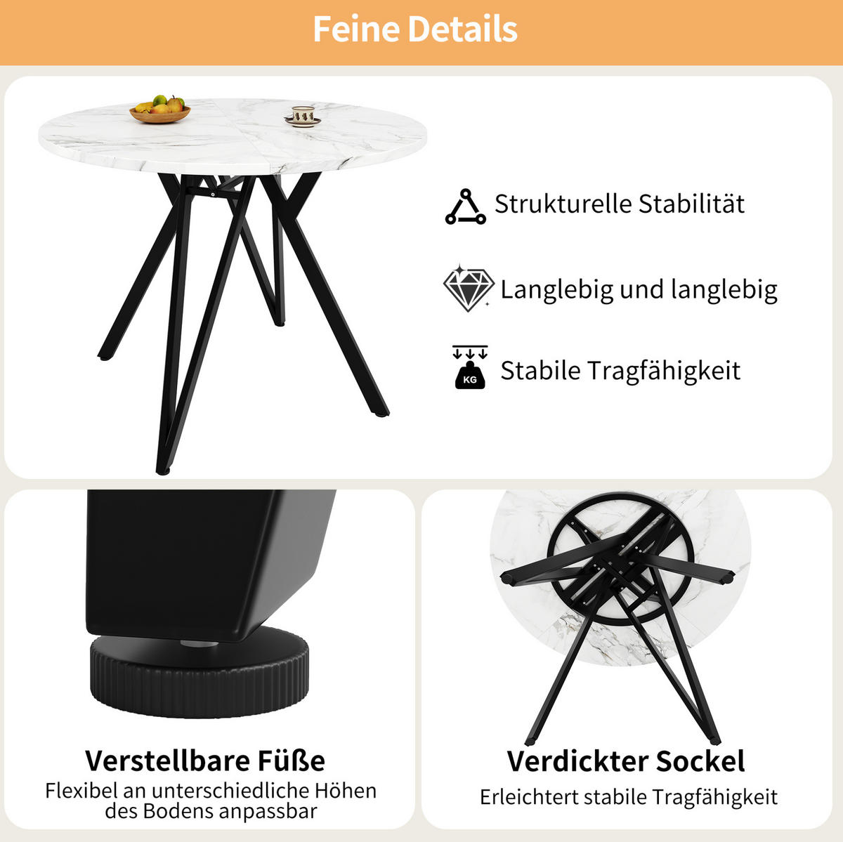 ESSTISCH, MDF-Tischplatte in Marmoroptik & Metallgestell, 100/100/76 cm, Schwarz - Schwarz, Holzwerkstoff (100/100/76cm) - Redom