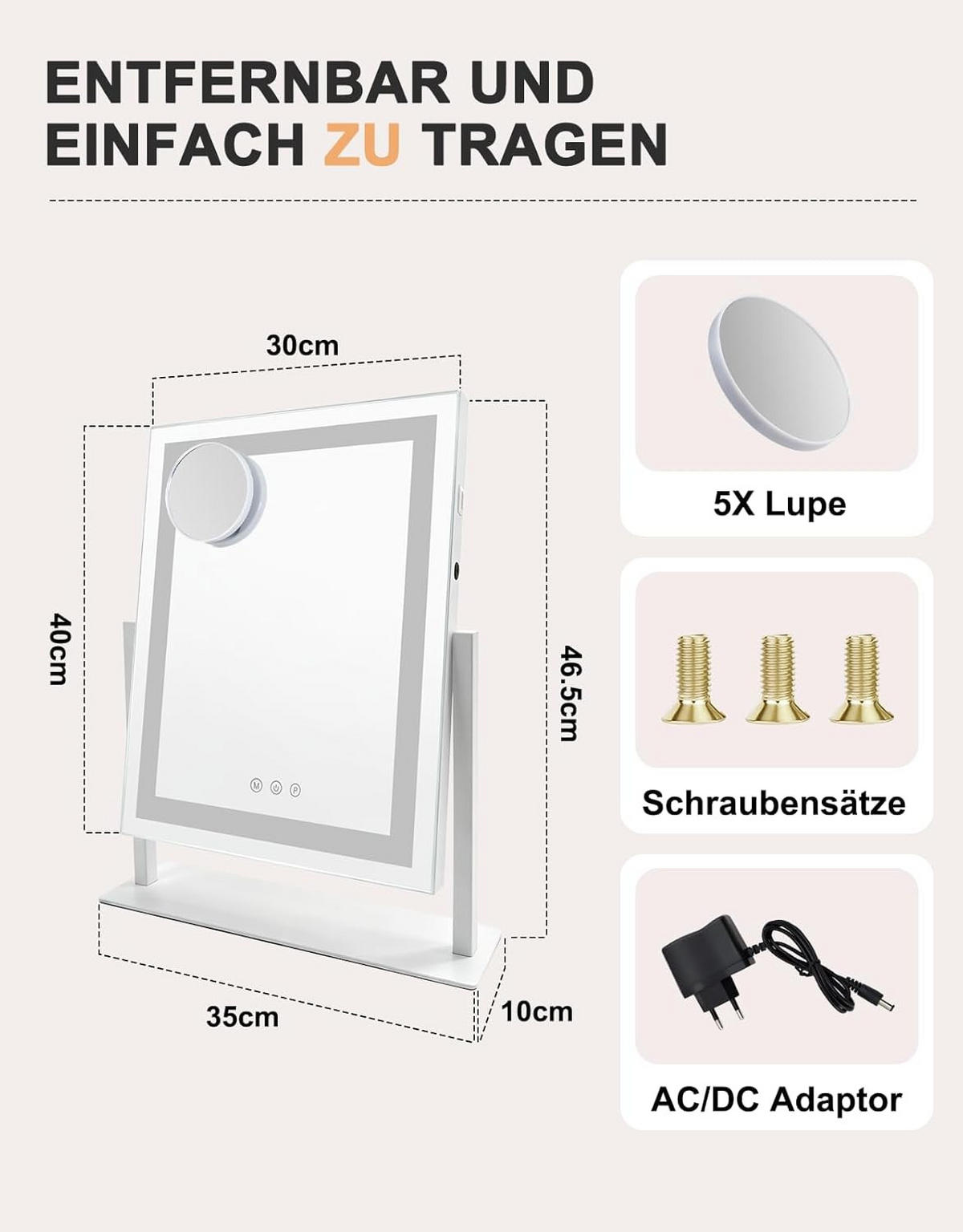 LED kosmetické zrcátko 10/35/46,5 cm - bílá, sklo (10/46.5/35cm) - Nettlife