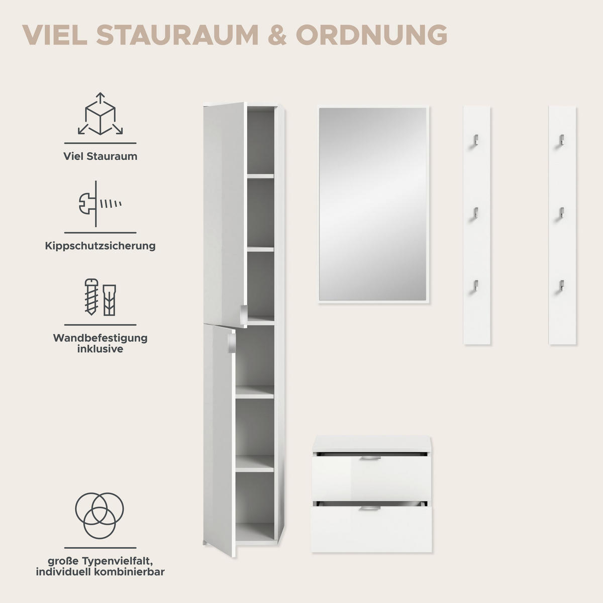 GARDEROBENKOMBINATION 5tlg. Projekt X Garderobe in weiß Nb. und weiß hochglanz B/H/T: 148x193x34 cm - Weiß, Holzwerkstoff (148/191/37cm)