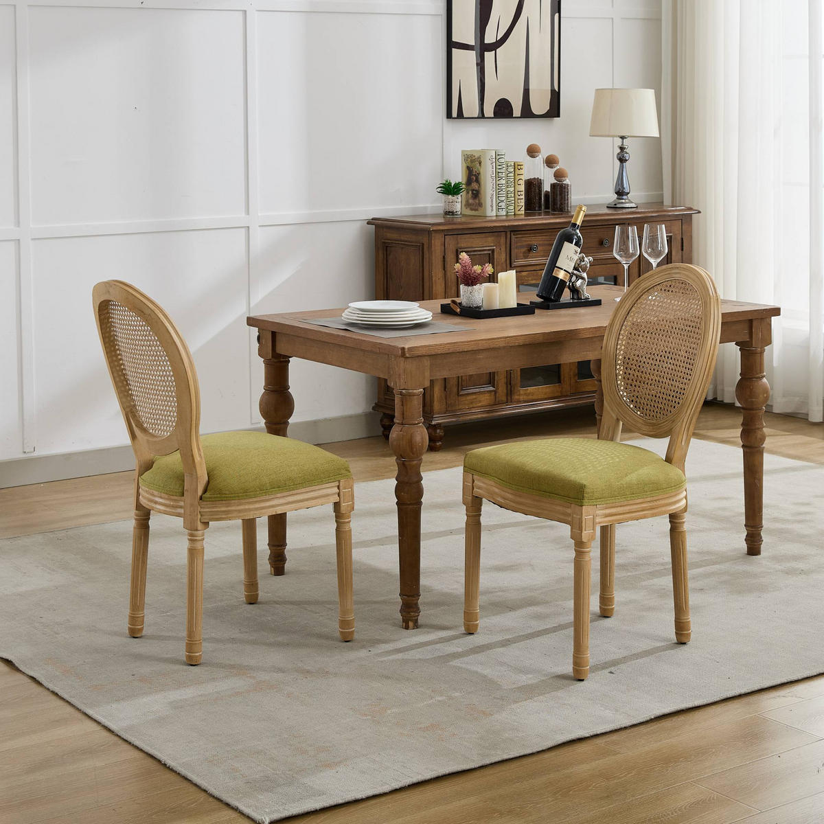 STUHL-SET DE-36325 2 Stück mit Rattan-Rückenlehne Olivgrün - Olivgrün, Holz (49/95/59.5cm) - ComfortXL