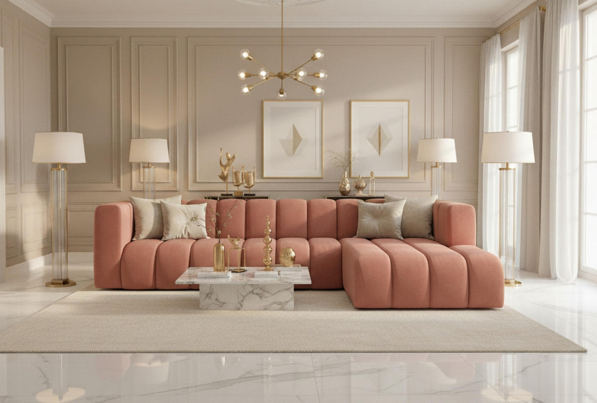 ECKSOFA L-Form GRAND 318 cm, Stoff Salvador, Rosa, Rechts - Rosa, Holz (318/179cm) - Kaiser Möbel