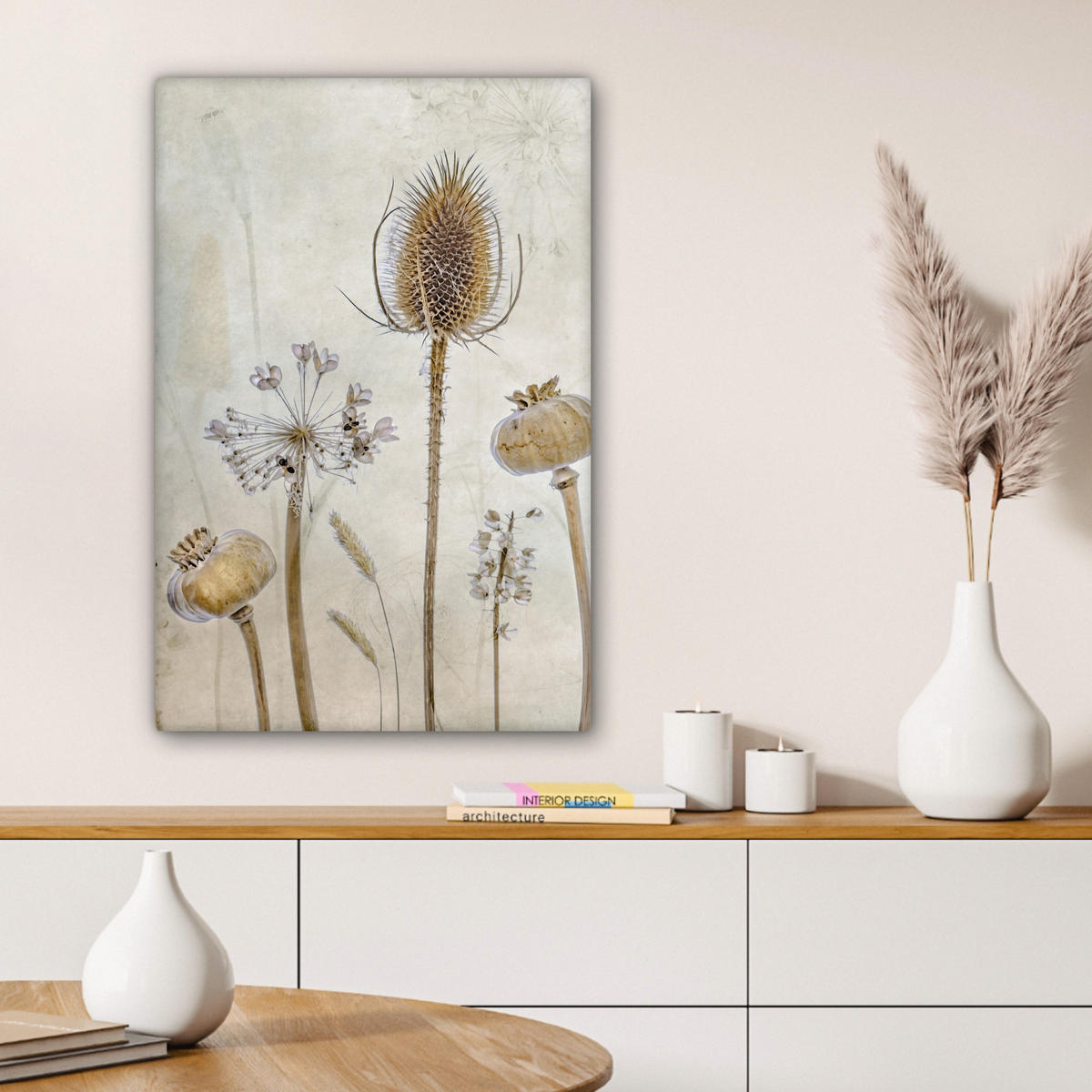 LEINWANDBILD Blumen - Aquarell - Stilleben - Braun - Vintage 60x90 cm - Beige, Textil (60/90cm) - MuchoWow