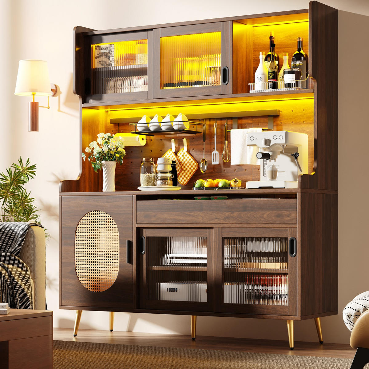 BUFFETSCHRANK mit LED-Lichtleiste 145 x 39 x 171 cm MDF Braun - Braun, Holzwerkstoff (39/171/145cm) - Meubliv