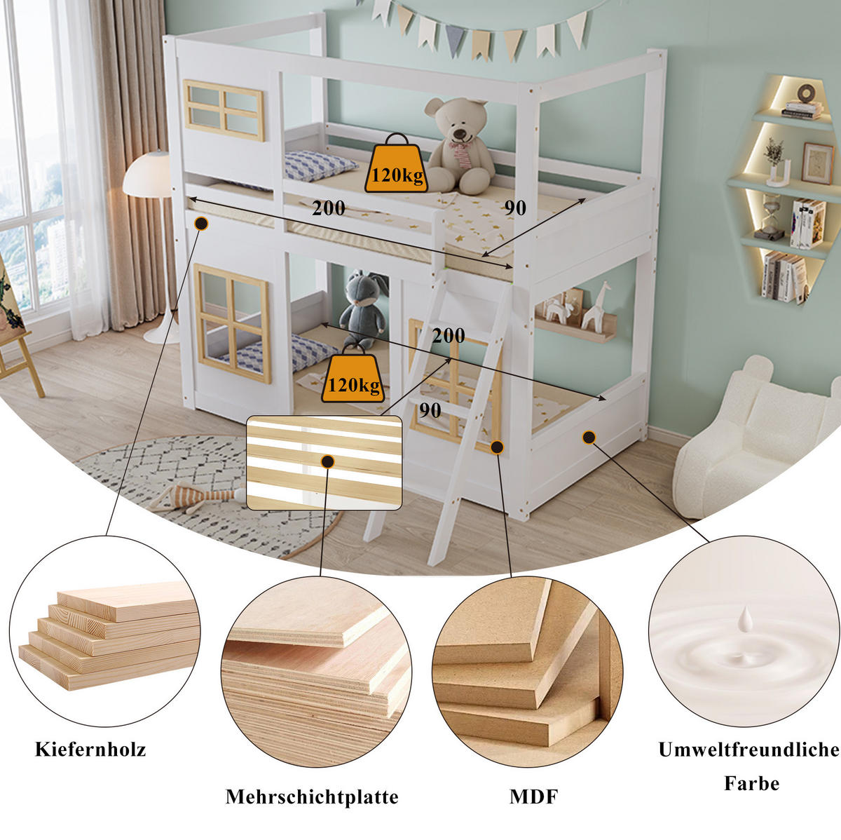 ETAGENBETT 90/200 cm in Weiß/Natur mit Fenstern und Rundumschutz - Weiß, Holz (90/200cm) - BEAOK