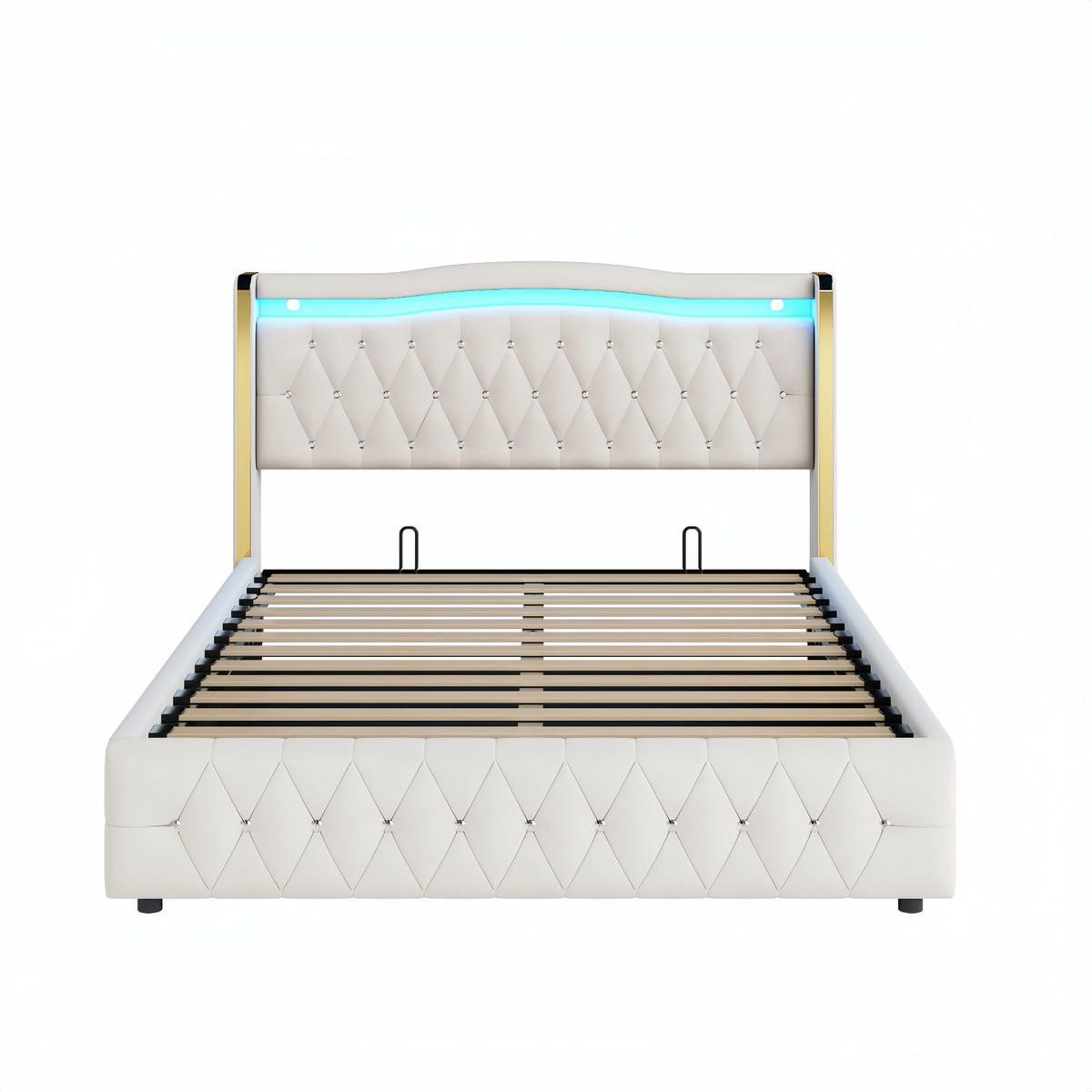 POLSTERBETT 160/200 cm beige mit LED-Beleuchtung und hydraulischem Stauraum - Beige, Textil (160/200cm) - OKWISH