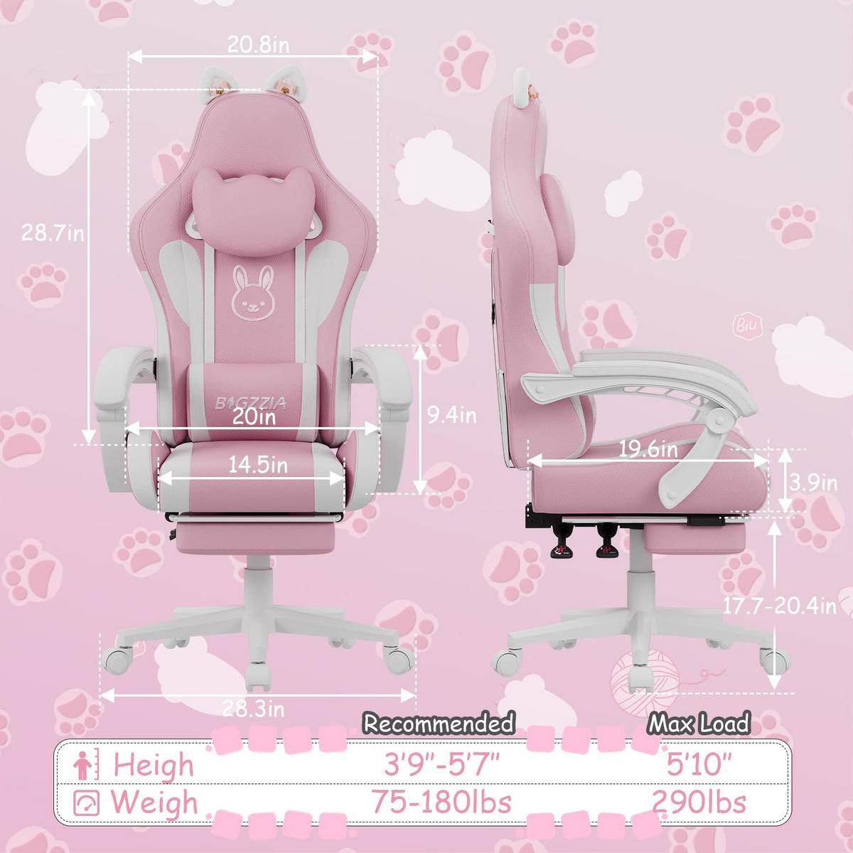 Gaming-Stuhl Katzenohren, Massage, Fußstütze – Rosa/Weiß - Pink, Leder (59/120/56cm) - Rattantree