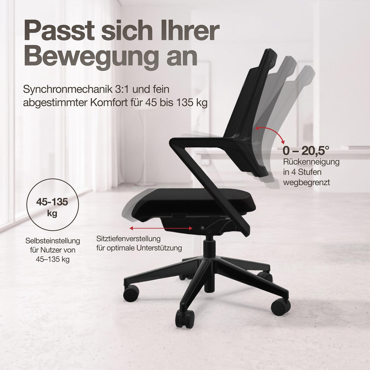 DREHSTUHL Ergonomischer Bürostuhl Asolo mit Polsterrücken / Schwarz Ergonomischer Polsterrücken - Schwarz, Textil (59.5/97.5/45cm) - ASSMANN