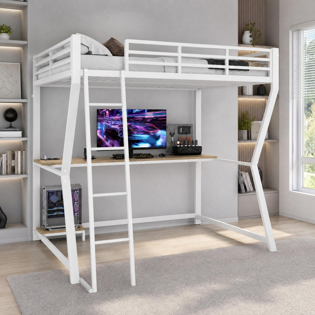HOCHBETT 140/200 mit LED Schreibtisch Steckdose und USB in Weiß - Weiß, Holz/Holzwerkstoff (140/200cm) - EVRYAE