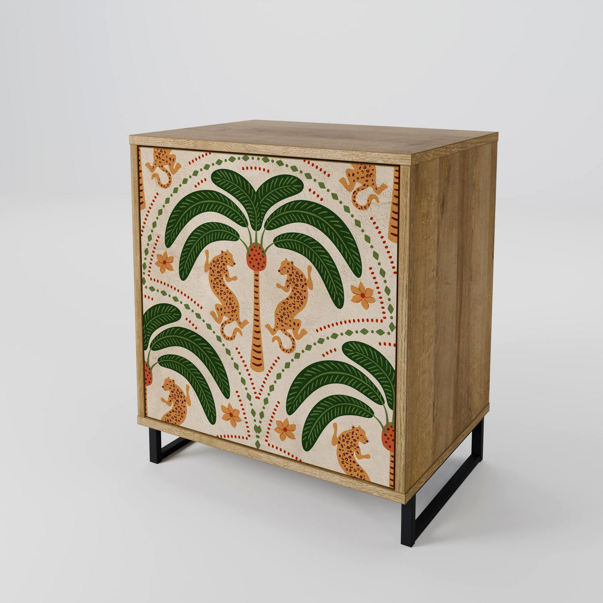 SIDEBOARD DANCING PREDATORS, Eichefarben, 57,5x42x77,5 cm, Schräge Buchenholzfüße - Eichefarben/Buchefarben, Holzwerkstoff/Buchenholz (57.5/77.5/42cm) - SpaceRebels