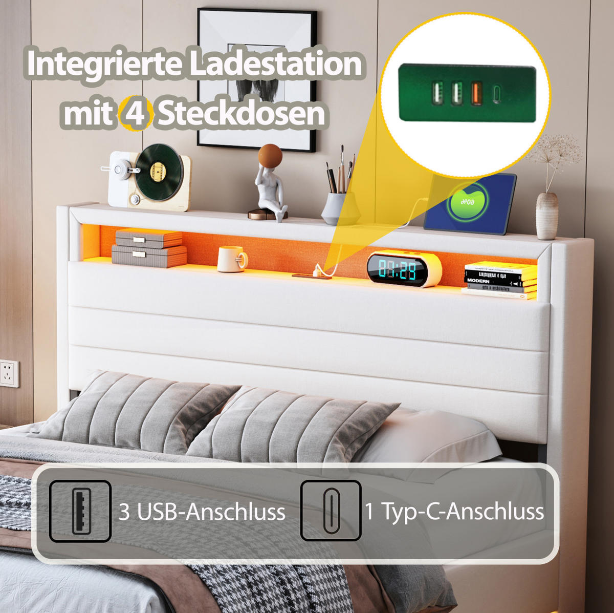 ČALOUNĚNÁ postel 140/200 cm z látky a kovu, béžová, s USB, LED a úložným prostorem - béžová, textil (140/200cm) - BEAOK
