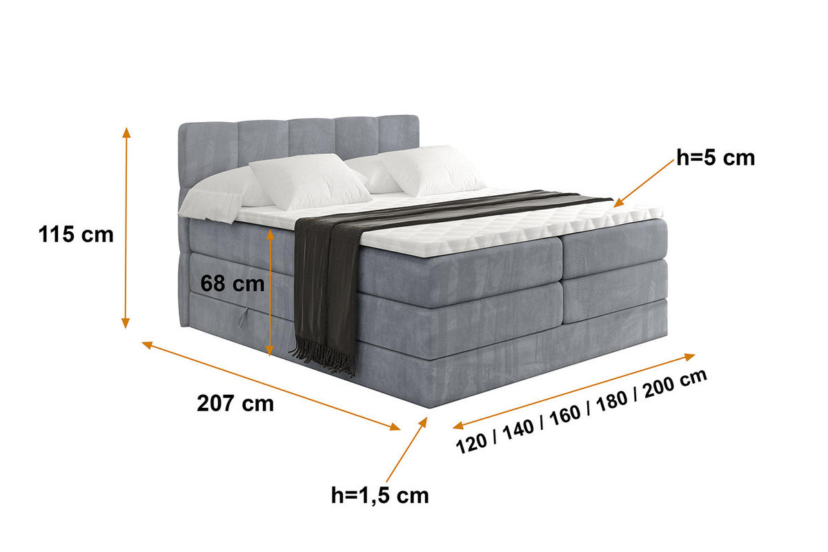 BOXSPRINGBETT mit Matratze H3|H4 und Lattenrost - LIRO KING-120x200 - Grau Casablanca - Grau, Holzwerkstoff (120/200cm) - ALTDECOR