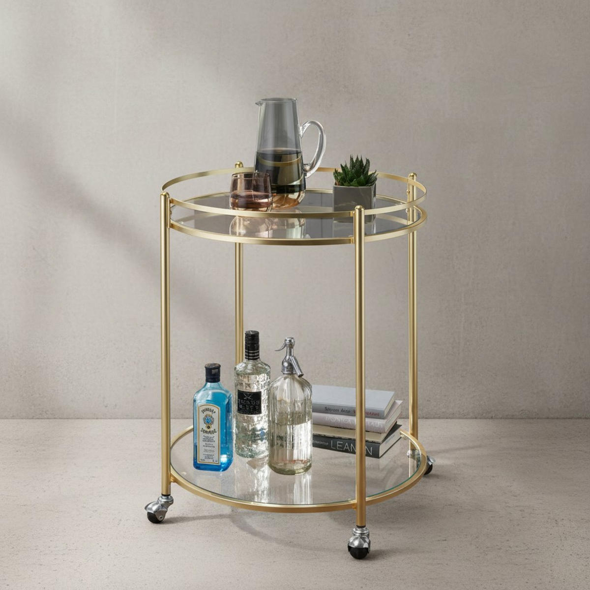 SERVIERWAGEN – Gold, Sicherheitsglas, auf Rollen - Goldfarben, Glas/Metall (57/75/57cm) - KADIMA DESIGN