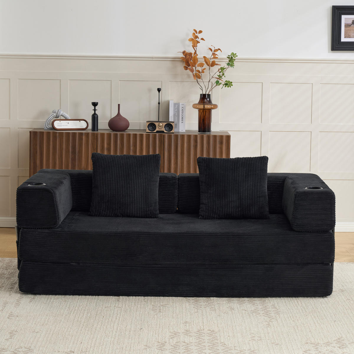 SCHLAFSOFA DE-33515 faltbar mit Becherhalter Schwarz - Schwarz, Textil (185/60/92.5cm) - ComfortXL