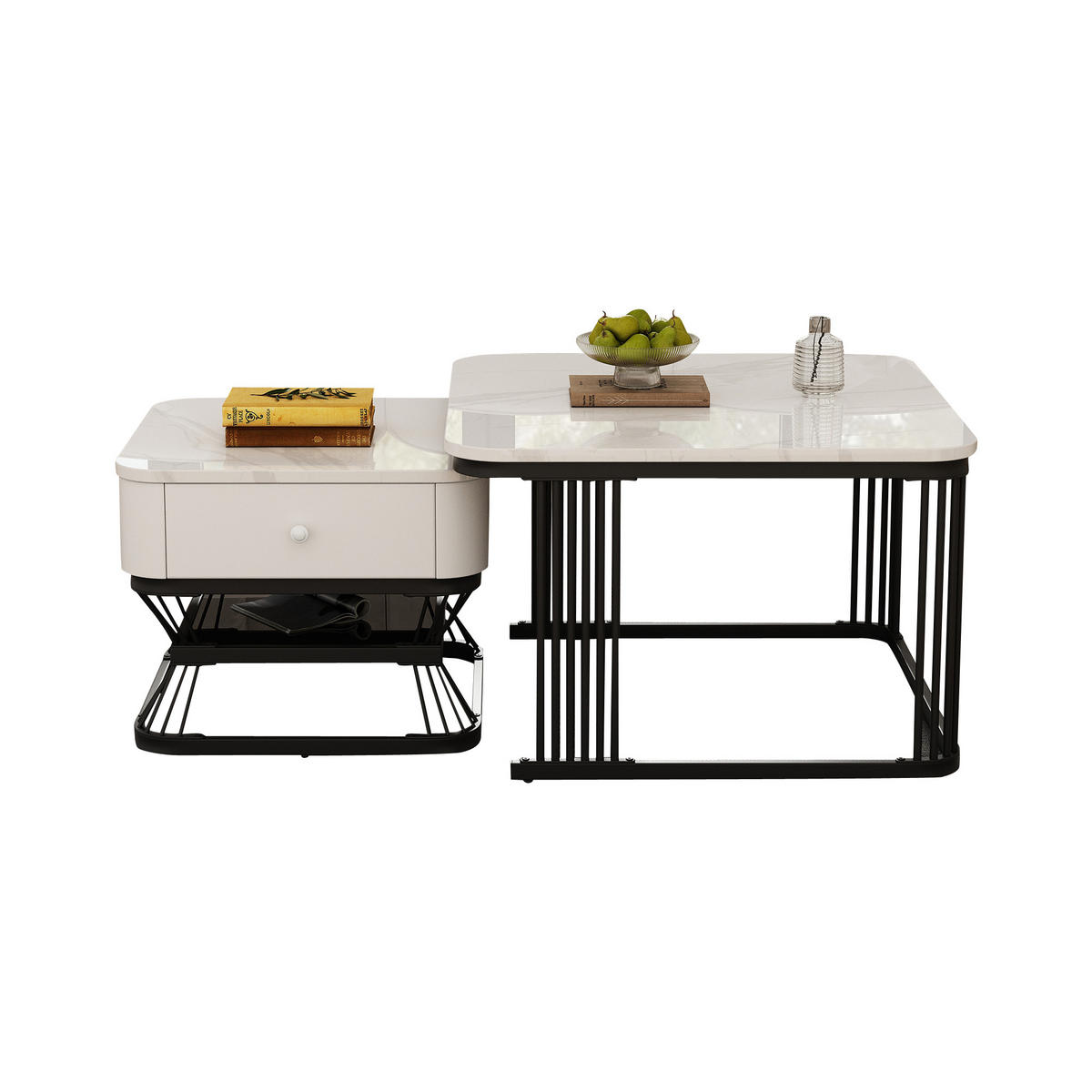 COUCHTISCH Set 70/70/45 cm und 50/50/40 cm Weiß + Schwarz mit 1 Schublade aus MDF und Metall - Weiß, Glas (70/70/45cm) - OKWISH