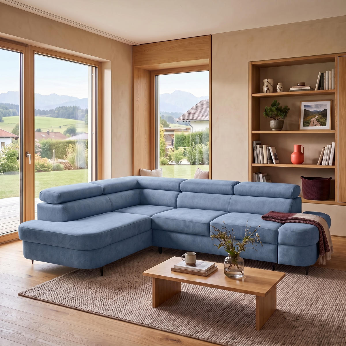 ECKSOFA PRIAM L Links mit Schlaffunktion 125x195 Velours Blau - Blau/Schwarz, Holz/Textil (203/275cm) - Muffo