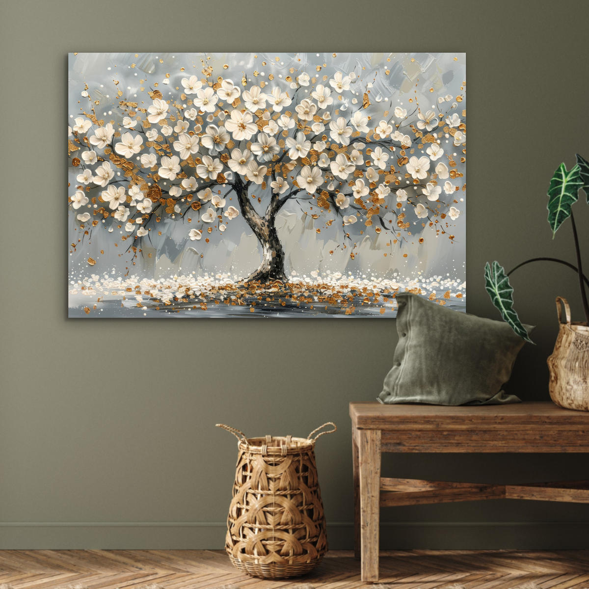 METALLBILD Baum - Blumen - Weiß - Natur - Kunst 120x80 cm - Weiß, Metall (120/80cm) - MuchoWow