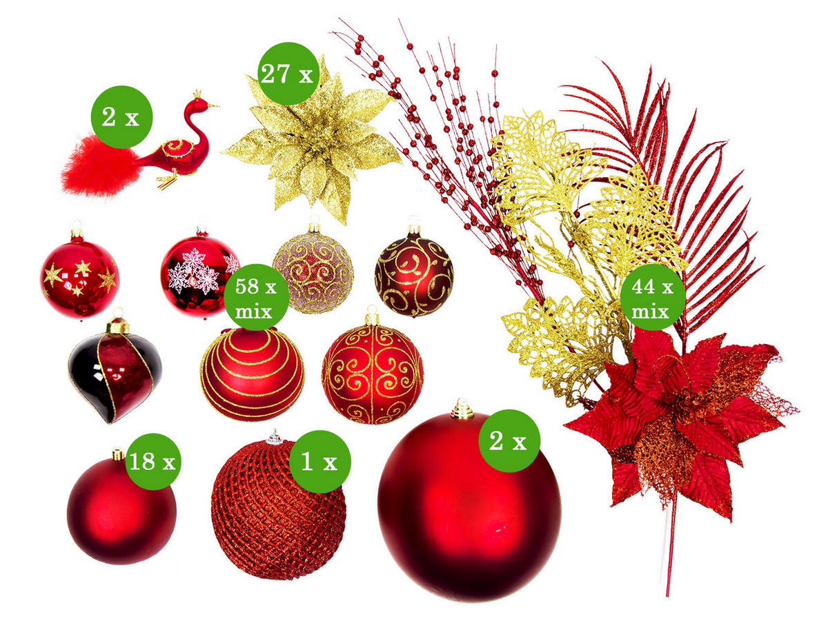 LAALU CHRISTBAUMKUGEL-SET 152 Stück in Luxus-Box PREMIUM CAESAR für Weihnachtsbaum 120-210 cm - Rot, Glas (55/50/75cm) - LAALU