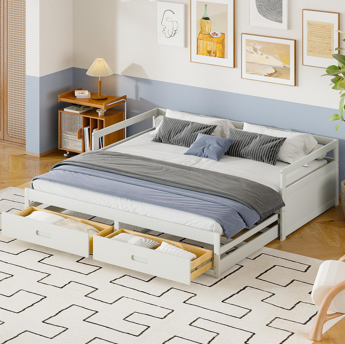 BETT aus Kiefernholz 90/180x200 cm Weiß mit Ausziehfunktion und 2 Schubladen - Weiß, Holzwerkstoff (90/200cm) - Modfu