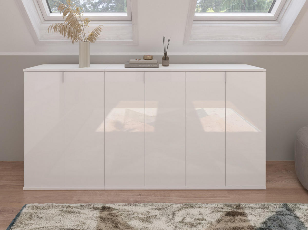 KOMMODE weiß Hochglanz 61 cm 2-türig, Mehrzweckschrank mit 6 Fächern, Garderobenmöbel - Weiß Hochglanz/Silberfarben, Holzwerkstoff/Kunststoff (61/99/34cm) - Inn.Furn