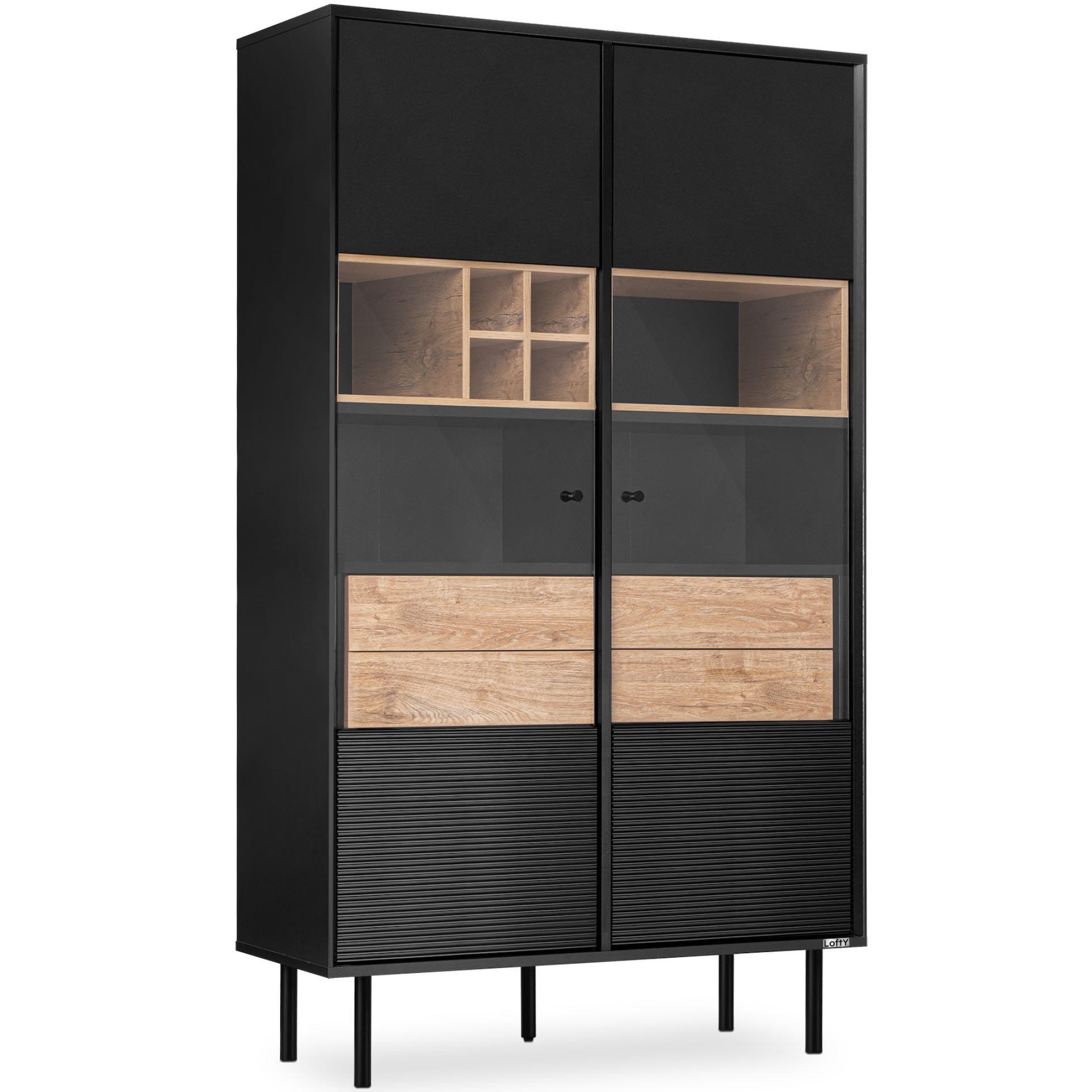 VITRINENSCHRÄNK LOFTY Weineinlage, schwarz / Eiche natur - Eichefarben/Multicolor, Holzwerkstoff (102/174/41cm) - KONSIMO®