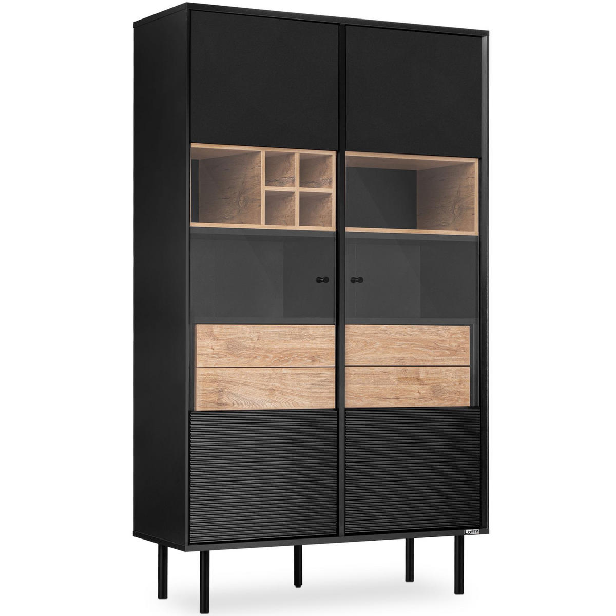 VITRINENSCHRÄNK LOFTY Weineinlage, schwarz / Eiche natur - Eichefarben/Multicolor, Holzwerkstoff (102/174/41cm) - KONSIMO®