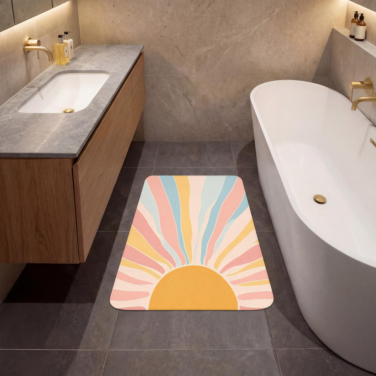 BADEMATTE Illustration - Sonne - Pastellfarben 60x90 cm - Pastellblau, Kunststoff/Textil (60/90cm)