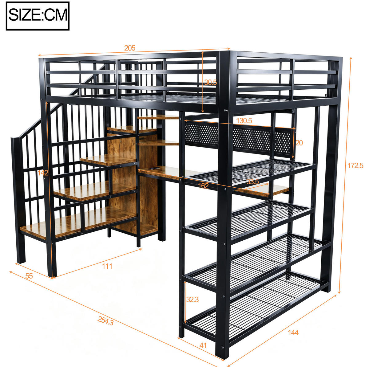 HOCHBETT 140/200 cm aus Metall und Holz mit Treppe, LED Schwarz - Schwarz, Metall (140/200cm) - OKMYHOME