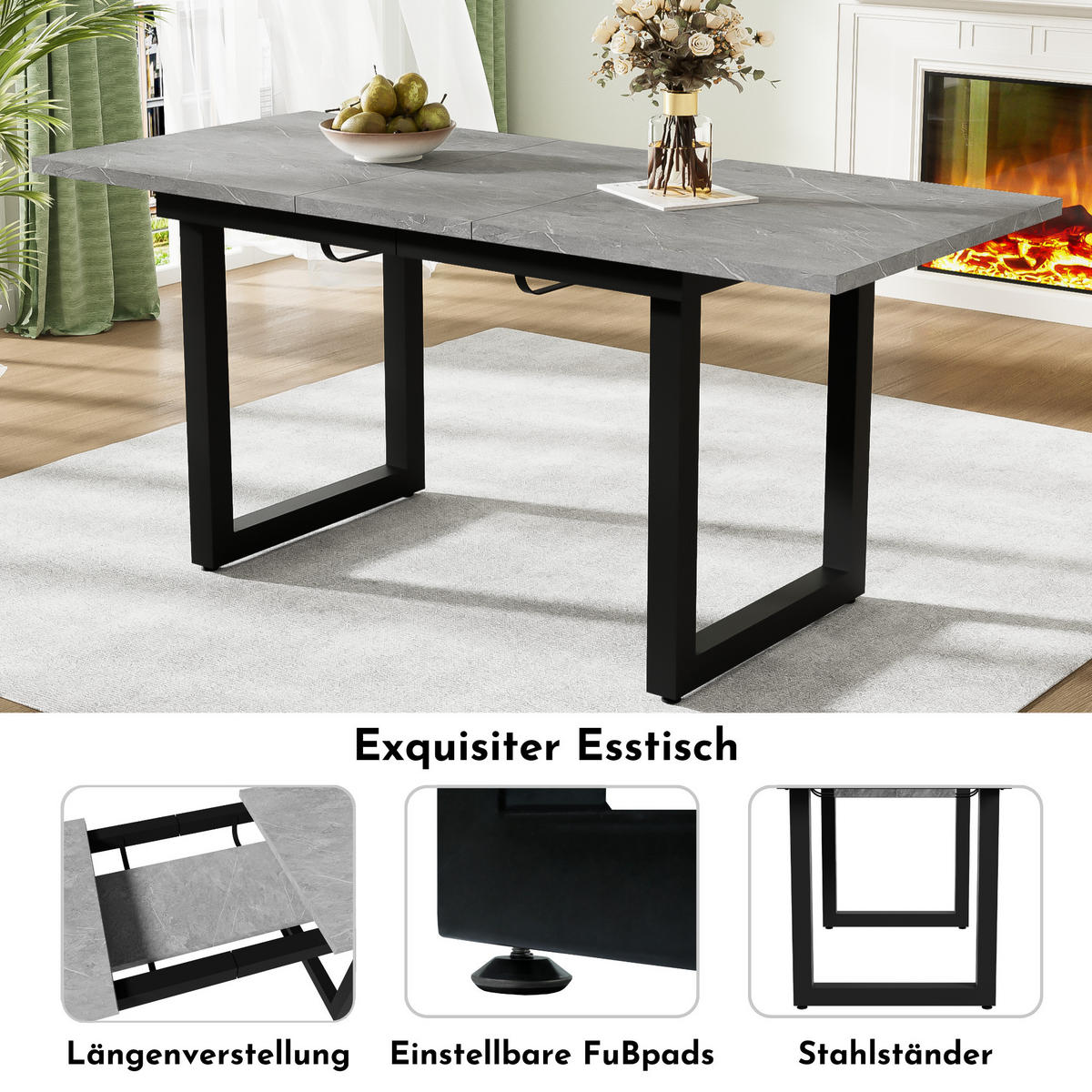 ESSTISCH Erweiterbar Betonoptik Schwarz Industriestil 140-180x80cm - Grau, Holzwerkstoff (180/80/75cm) - FLIEKS